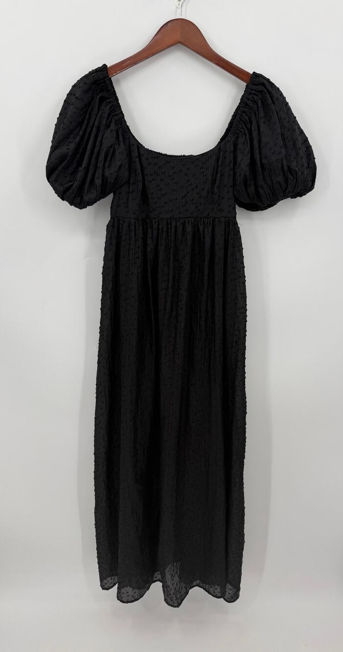 Moon River Black Swiss Dot Puff Sleeve Smocked Midi Dress Cottagecore Small